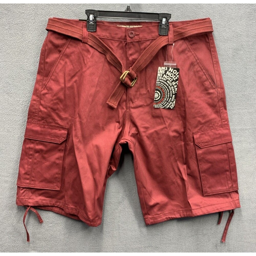 Noiz Cargo Shorts Mens 40X12 Burgundy Pull String Leg Belted Flap Back Pockets